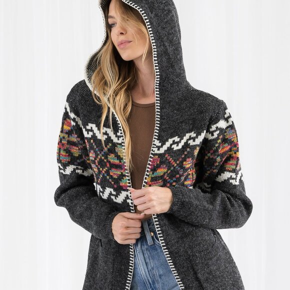 Western Cowichan Inspired Tribal Print Hooded Cardigan - Picture 8 of 11